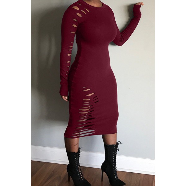 Lovely Casual Hollow-out Wine Red Mid Calf Dress
