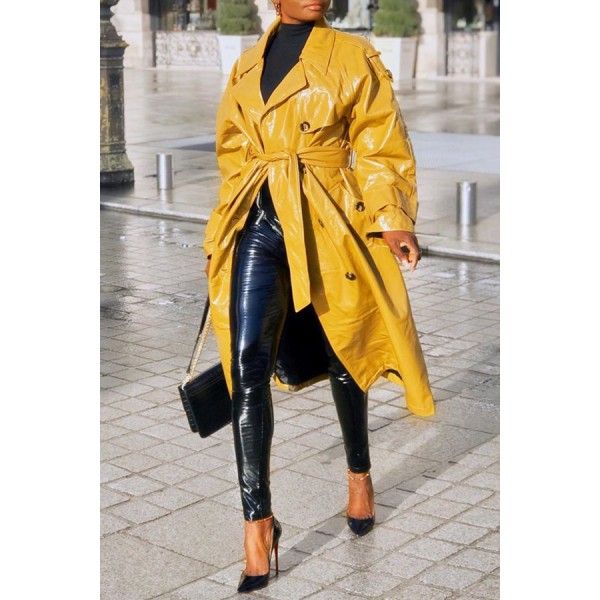 Lovely Casual Buttons Design Yellow Coat