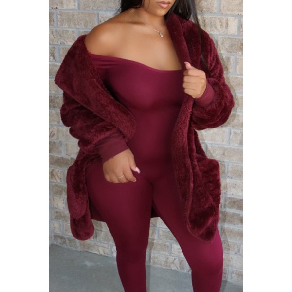 Lovely Casual Pocket Patched Wine Red Coat