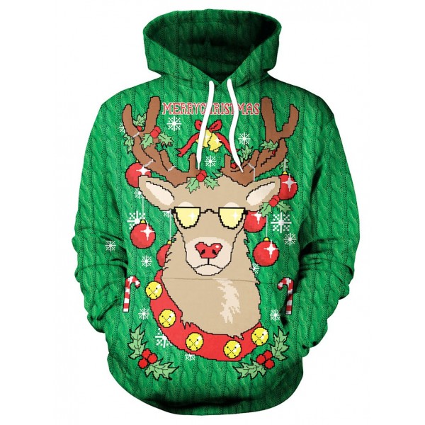 Drawstring Christmas Elk Print Hoodie - Green M