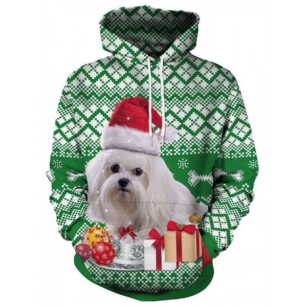 Christmas Dog and Gift Print Pullover Hoodie - Green M
