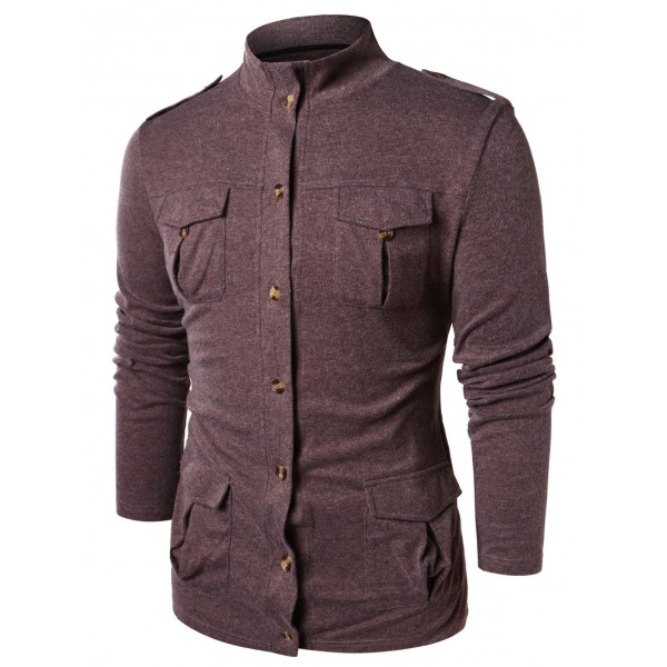 Epaulet Design Stand Collar Button Up Sweater - Deep Brown 2xl