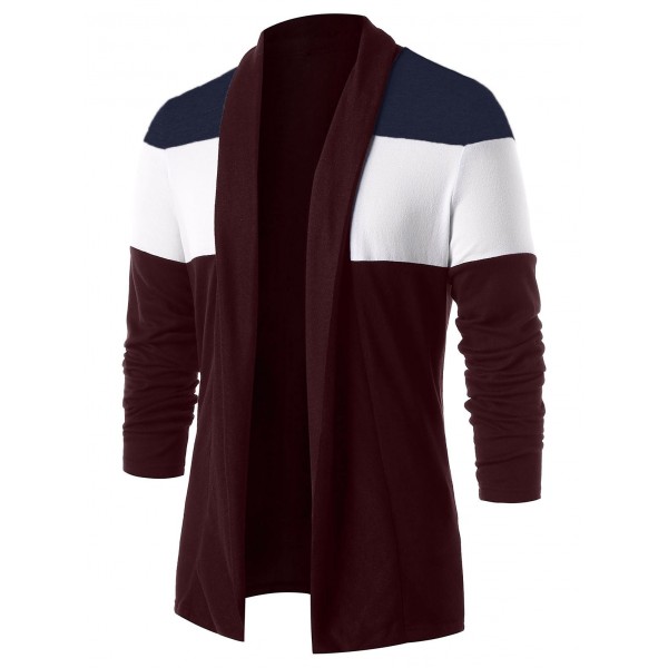 Color Block Open Front Casual Cardigan - Red Wine M