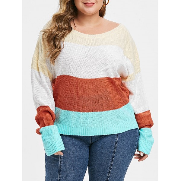 Plus Size Color Blocking Drop Shoulder Sweater -  M