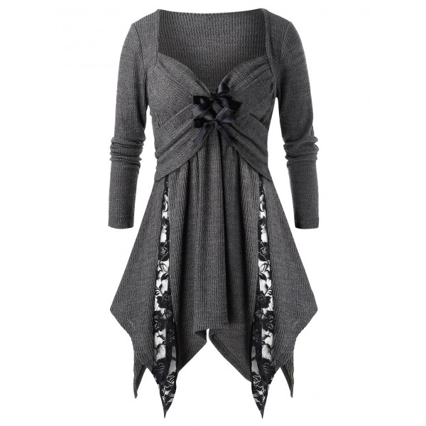 Plus Size Asymmetric Bowknot Lace Panel Sweetheart Neck Sweater - Gray L