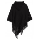 Fringed Lace Up Hooded Plus Size Poncho Sweater - Black One Size